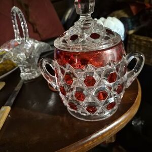 Vintage Crystal Candy Jar with Red Accents Antique EAPG BRYCE BROTHE